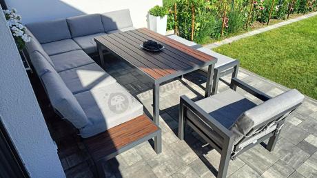 Narożnik ogrodowy moduowy z fotelem i stołem 160cm Calamba Corner XL - Light Grey