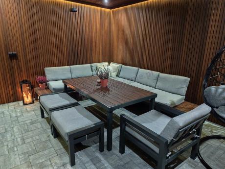 Narożnik ogrodowy moduowy z fotelem i stołem 160cm Calamba Corner XL - Light Grey