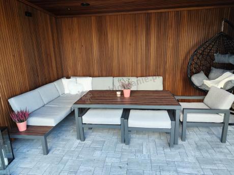 Narożnik ogrodowy moduowy z fotelem i stołem 160cm Calamba Corner XL - Light Grey