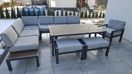 Narożnik ogrodowy moduowy z fotelem i stołem 160cm Calamba Corner XL - Light Grey