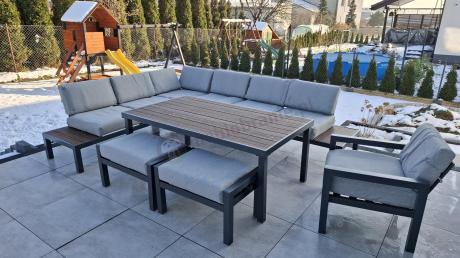 Narożnik ogrodowy moduowy z fotelem i stołem 160cm Calamba Corner XL - Light Grey