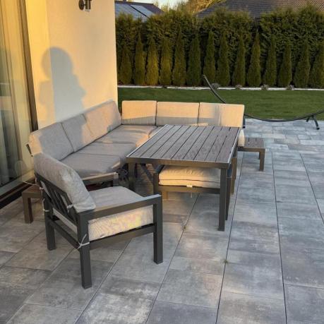 Narożnik ogrodowy moduowy z fotelem i stołem 160cm Calamba Corner XL - Light Grey