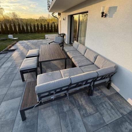 Narożnik ogrodowy moduowy z fotelem i stołem 160cm Calamba Corner XL - Light Grey