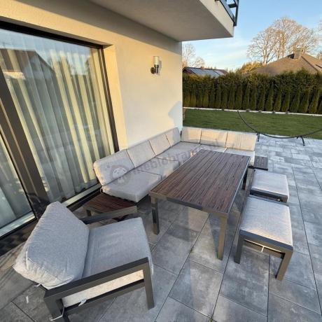 Narożnik ogrodowy moduowy z fotelem i stołem 160cm Calamba Corner XL - Light Grey