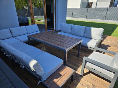 Narożnik ogrodowy moduowy z fotelem i stołem 160cm Calamba Corner XL - Light Grey