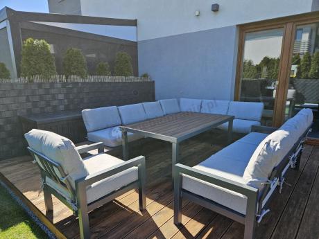 Narożnik ogrodowy moduowy z fotelem i stołem 160cm Calamba Corner XL - Light Grey