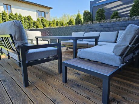 Narożnik ogrodowy moduowy z fotelem i stołem 160cm Calamba Corner XL - Light Grey