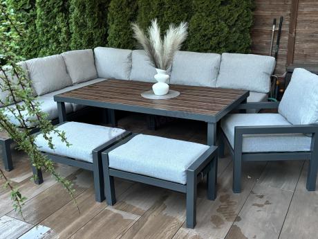 Narożnik ogrodowy moduowy z fotelem i stołem 160cm Calamba Corner XL - Light Grey