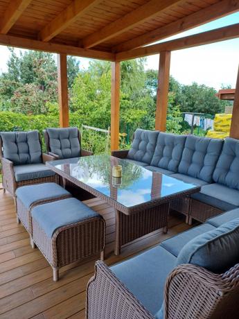 Narożnik ogrodowy premium z wysokim stołem i fotelami - Laritto Corner XL - Brown