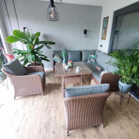 Narożnik ogrodowy technorattan 207x207cm z wysokim stołem Novici - Brown