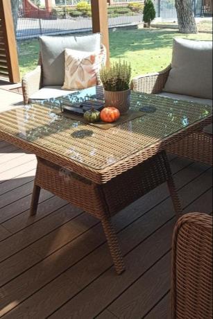 Narożnik ogrodowy technorattan 207x207cm z wysokim stołem Novici - Brown
