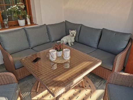 Narożnik ogrodowy technorattan 207x207cm z wysokim stołem Novici - Brown