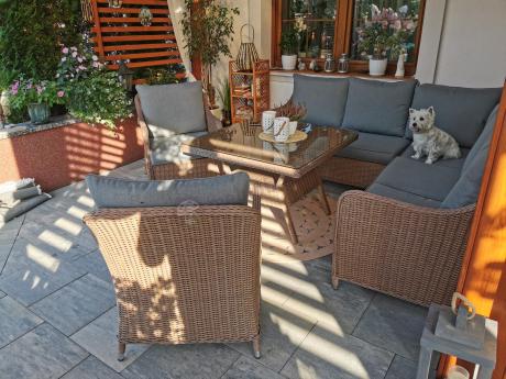 Narożnik ogrodowy technorattan 207x207cm z wysokim stołem Novici - Brown