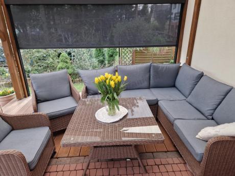 Narożnik ogrodowy technorattan 207x207cm z wysokim stołem Novici - Brown