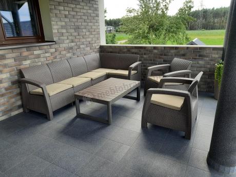 Narożnik ogrodowy z podnoszonym stołem Relly z dwoma fotelami cappuccino