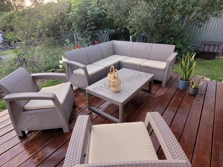 Narożnik ogrodowy z podnoszonym stołem Relly z dwoma fotelami cappuccino