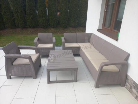 Narożnik ogrodowy z podnoszonym stołem Relly z dwoma fotelami cappuccino