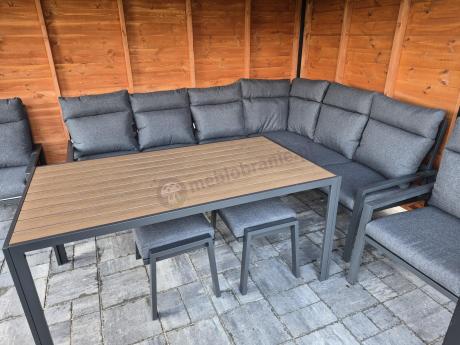 Narożnik ogrodowy z wysokim oparciem w komplecie z wysokim stołem 160cm, fotelami i pufami Doros Corner XL - Polywood