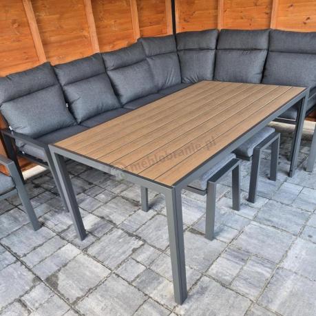 Narożnik ogrodowy z wysokim oparciem w komplecie z wysokim stołem 160cm, fotelami i pufami Doros Corner XL - Polywood
