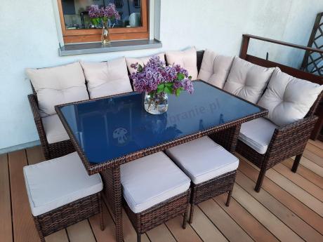 Narożnik ogrodowy z wysokim stołem 120cm i 3 pufami Torino Corner Carmel