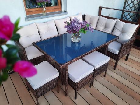 Narożnik ogrodowy z wysokim stołem 120cm i 3 pufami Torino Corner Carmel