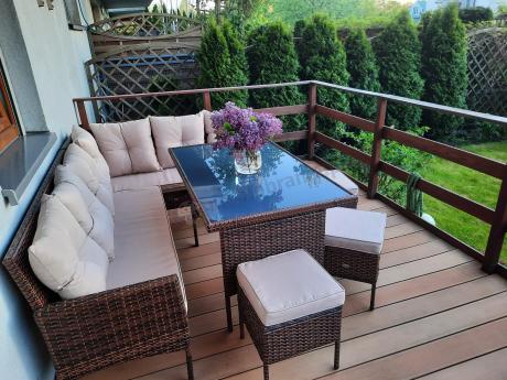 Narożnik ogrodowy z wysokim stołem 120cm i 3 pufami Torino Corner Carmel