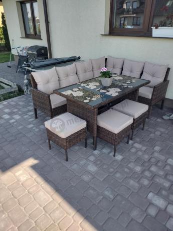 Narożnik ogrodowy z wysokim stołem 120cm i 3 pufami Torino Corner Carmel