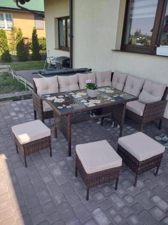 Narożnik ogrodowy z wysokim stołem 120cm i 3 pufami Torino Corner Carmel