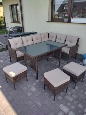 Narożnik ogrodowy z wysokim stołem 120cm i 3 pufami Torino Corner Carmel