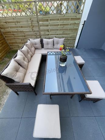 Narożnik ogrodowy z wysokim stołem 120cm i 3 pufami Torino Corner Carmel