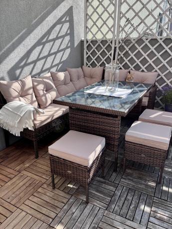 Narożnik ogrodowy z wysokim stołem 120cm i 3 pufami Torino Corner Carmel