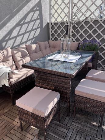 Narożnik ogrodowy z wysokim stołem 120cm i 3 pufami Torino Corner Carmel
