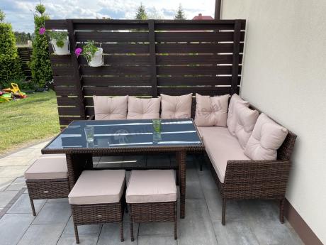 Narożnik ogrodowy z wysokim stołem 120cm i 3 pufami Torino Corner Carmel