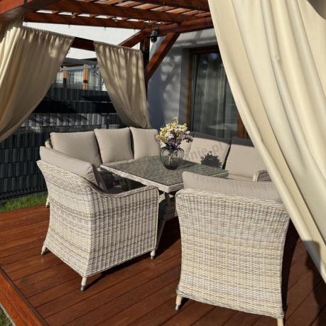 Narożnik tarasowy 207x207cm ze stołem obiadowym 95x95cm i fotelami Novici - Beige