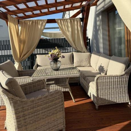 Narożnik tarasowy 207x207cm ze stołem obiadowym 95x95cm i fotelami Novici - Beige