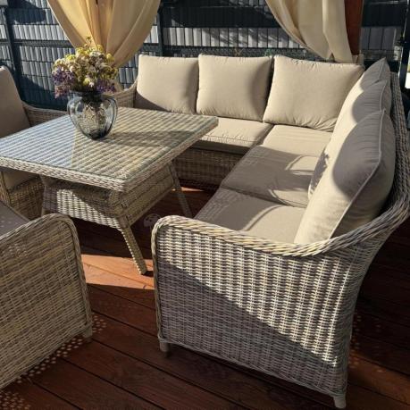Narożnik tarasowy 207x207cm ze stołem obiadowym 95x95cm i fotelami Novici - Beige