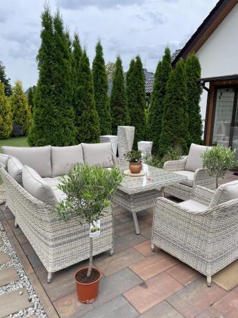 Narożnik tarasowy 207x207cm ze stołem obiadowym 95x95cm i fotelami Novici - Beige