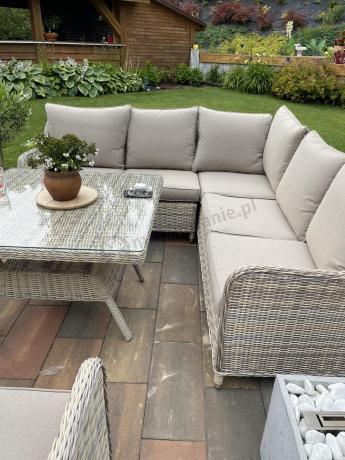Narożnik tarasowy 207x207cm ze stołem obiadowym 95x95cm i fotelami Novici - Beige
