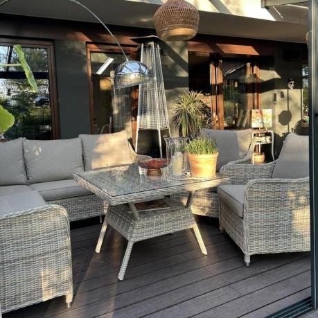 Narożnik tarasowy 207x207cm ze stołem obiadowym 95x95cm i fotelami Novici - Beige