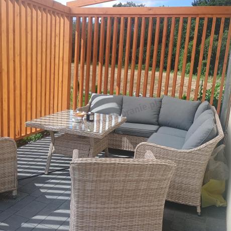 Narożnik tarasowy 207x207cm ze stołem obiadowym 95x95cm i fotelami Novici - Creme