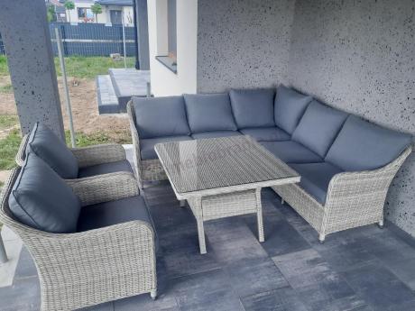 Narożnik tarasowy 207x207cm ze stołem obiadowym 95x95cm i fotelami Novici - Creme
