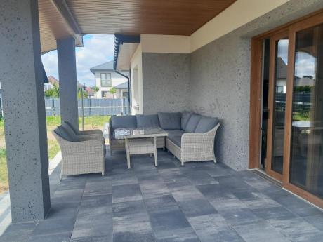 Narożnik tarasowy 207x207cm ze stołem obiadowym 95x95cm i fotelami Novici - Creme