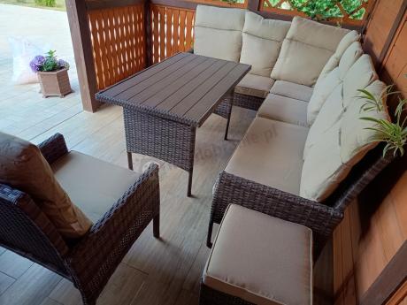 Narożnik technorattan + fotel 9 miejsc ze stołem polywood Lirata Corner Brown