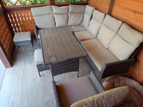 Narożnik technorattan + fotel 9 miejsc ze stołem polywood Lirata Corner Brown