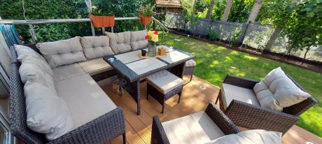 Narożnik technorattan 10 miejsc ze stołem obiadowym Perata Corner Plus Brown