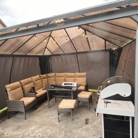 Narożnik technorattan 8 miejsc + fotel wysokie oparcia ze stołem obiadowym Lirata Corner Brown