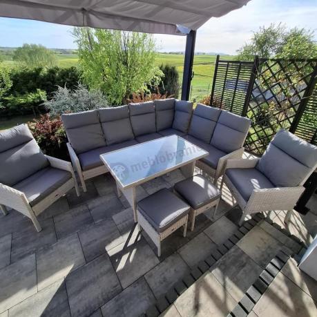 Narożnik technorattan ze stołem 120x70cm, dwoma fotelami i pufami Lirata Corner Light Grey