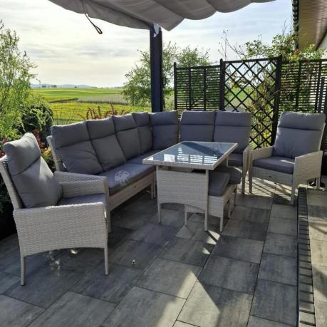 Narożnik technorattan ze stołem 120x70cm, dwoma fotelami i pufami Lirata Corner Light Grey