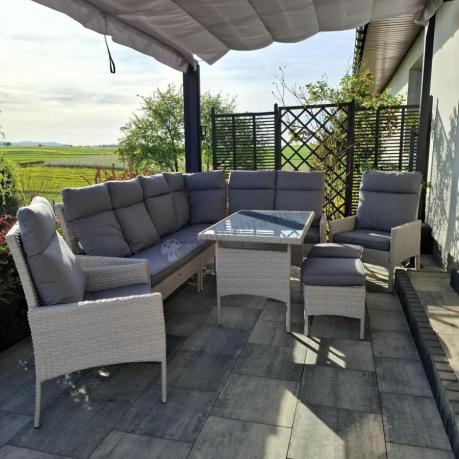 Narożnik technorattan ze stołem 120x70cm, dwoma fotelami i pufami Lirata Corner Light Grey