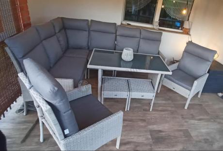 Narożnik technorattan ze stołem 120x70cm, dwoma fotelami i pufami Lirata Corner Light Grey